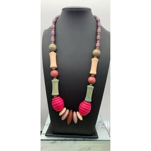 Vintage Chunky Wooden Painted Geometric Necklace 22 Inches